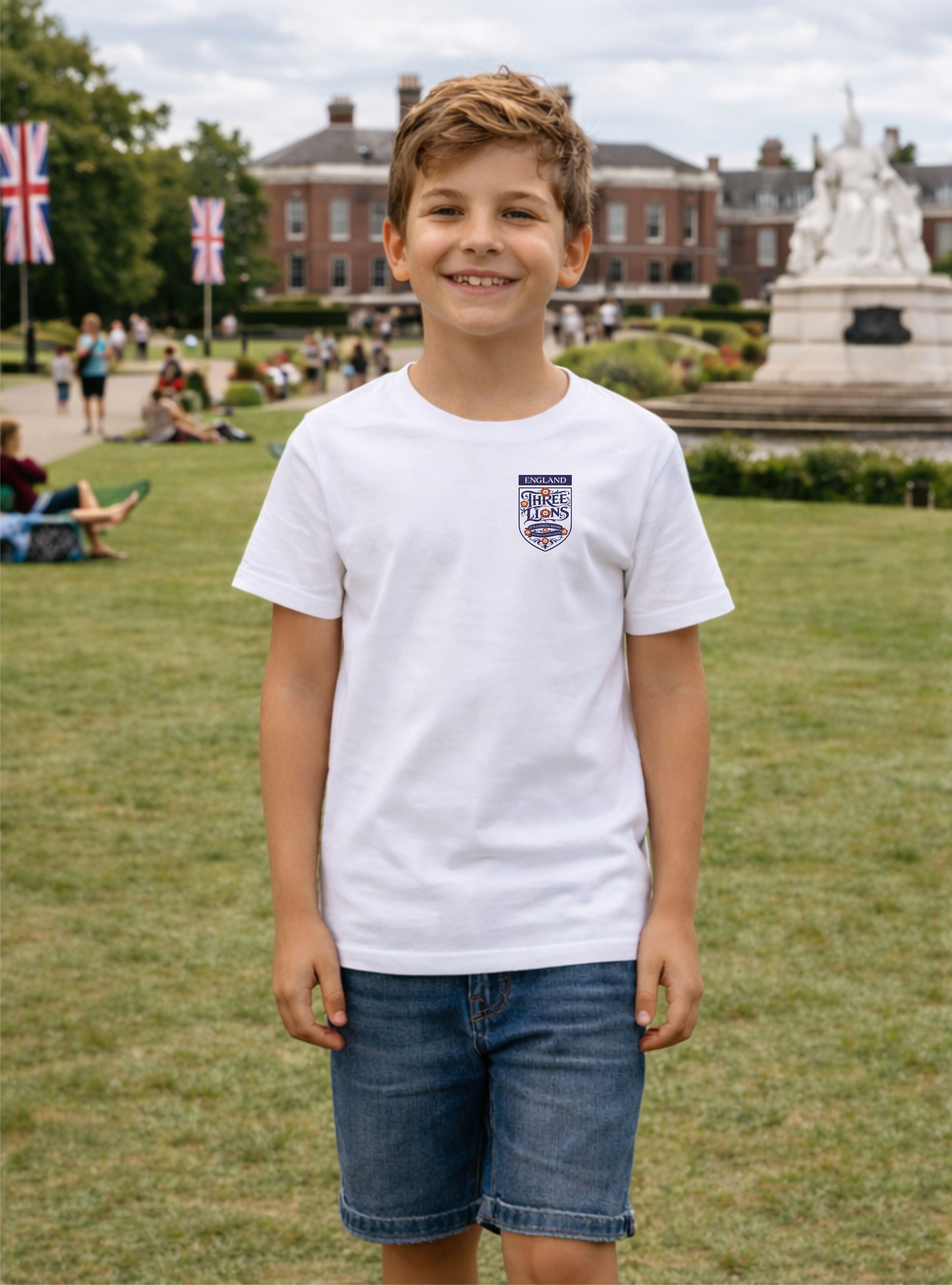 Kids Crew Neck Blue Crest T-Shirt - England Three Lions