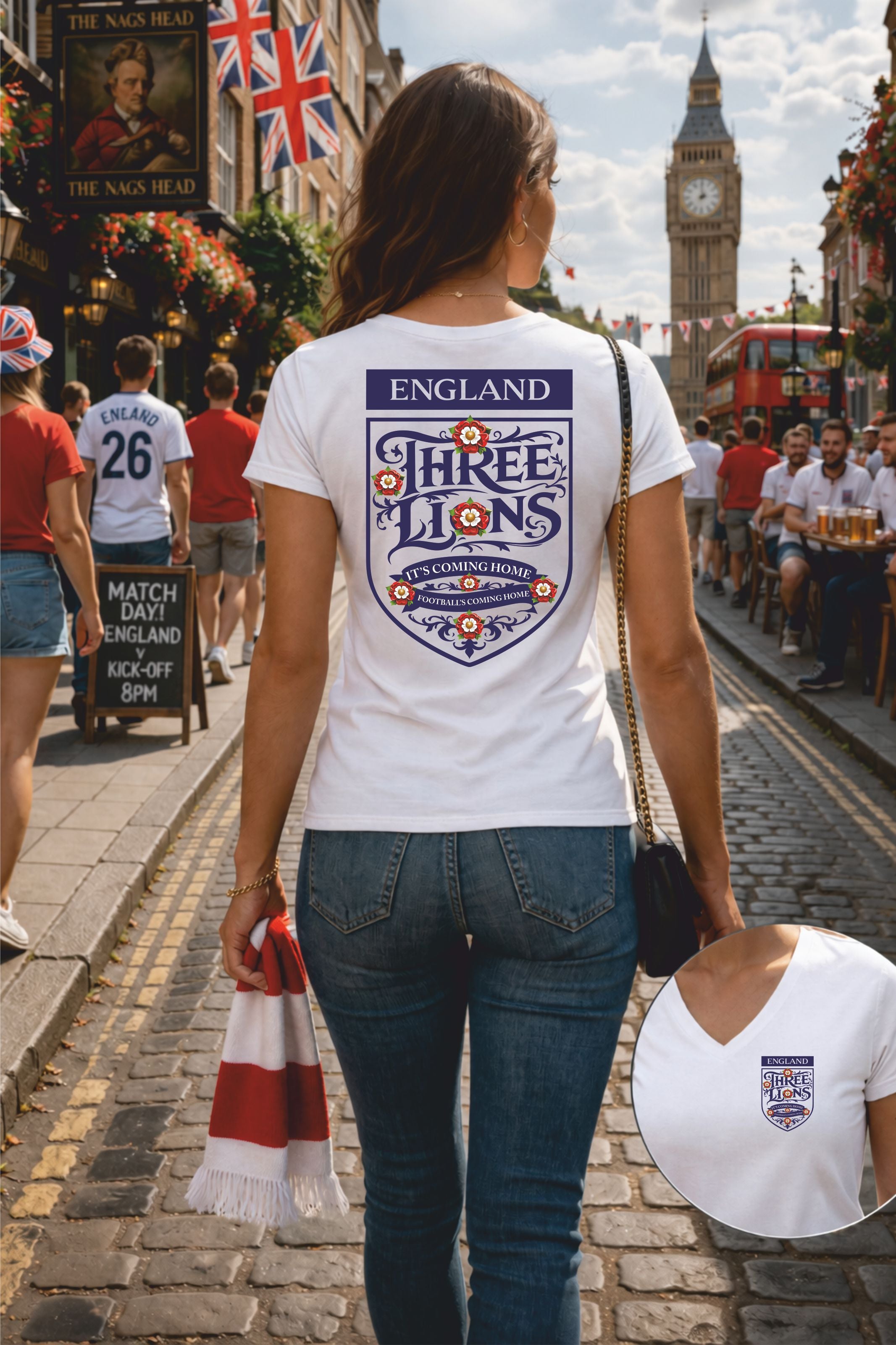 Ladies V-Neck Blue Crest T-Shirt - England Three Lions